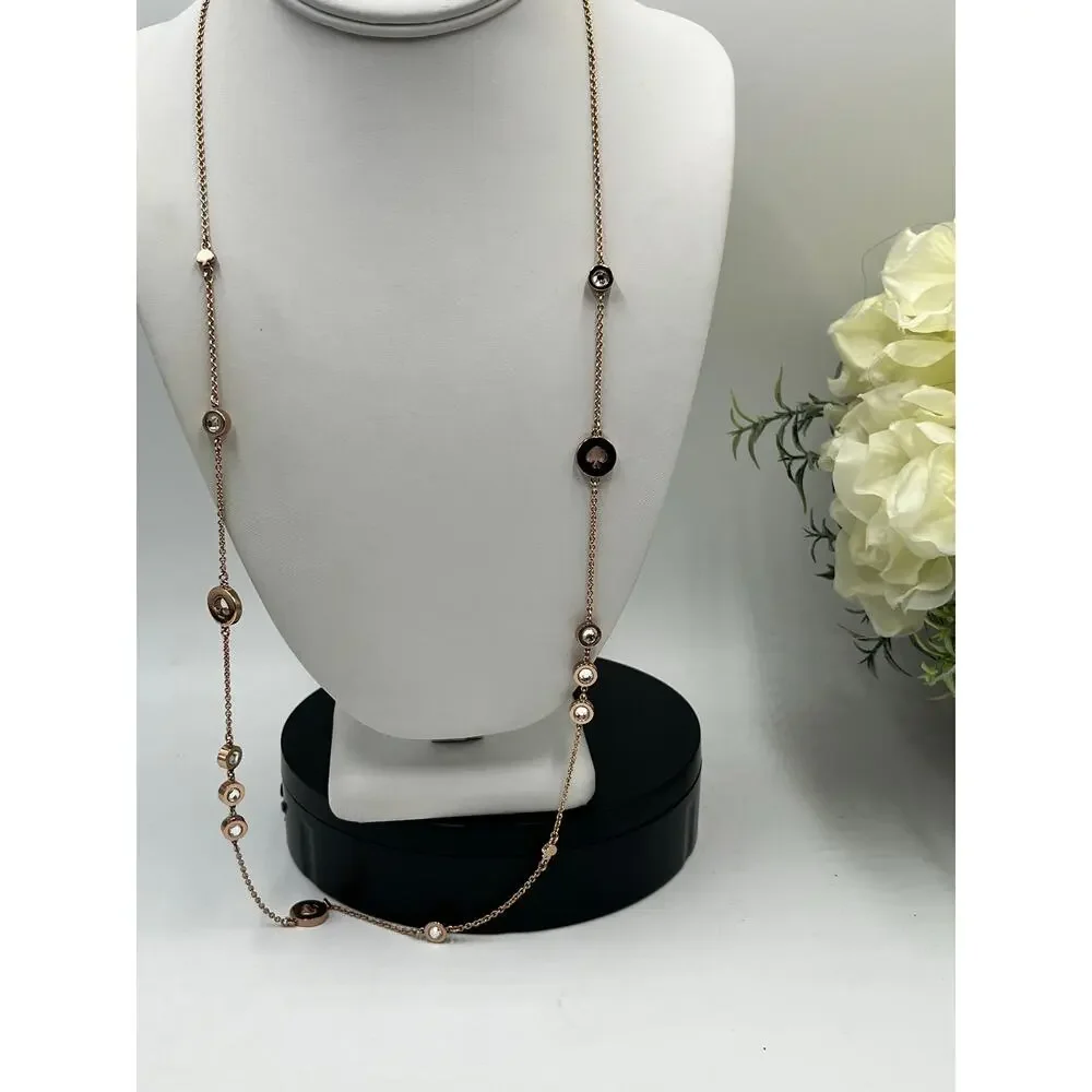Kate Spade Spot The Spade Long Rose Gold Bezel Crystal Spade Station Necklace‎
